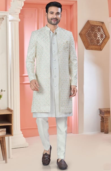 White Embroidered Art Silk Designer Indo Western