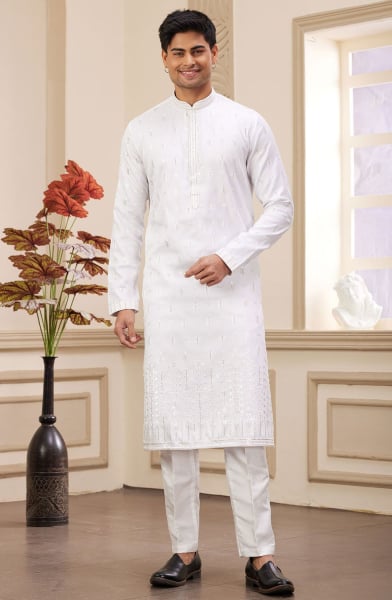 White Embroidered Art Silk Kurta Set
