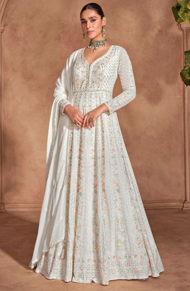 White Embroidered Chinnon Anarkali Gown with Dupatta