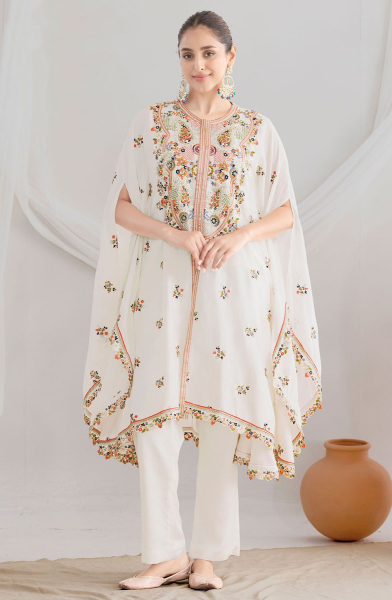 White Embroidered Chinnon Kaftan with Pant