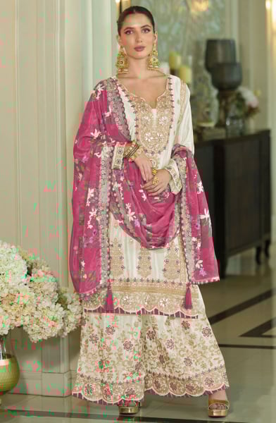White Embroidered Chinnon Silk Palazzo Kameez
