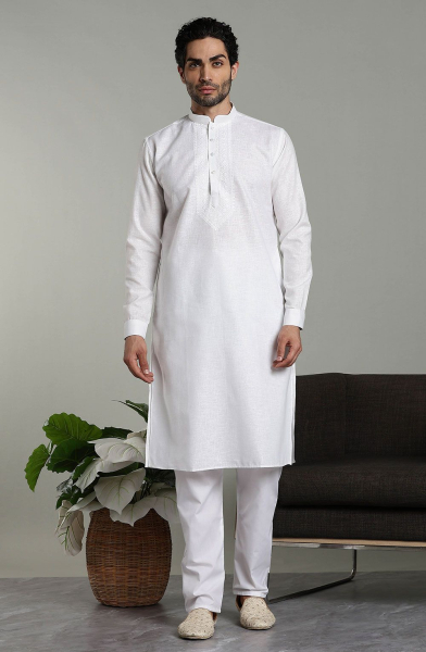 White Embroidered Cotton Linen Kurta Set
