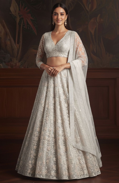 White Embroidered Net Bridal Lehenga Choli