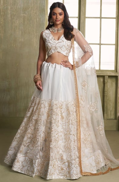White Embroidered Net Lehenga Choli for Ceremonial