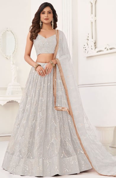 White Embroidered Net Lehenga Choli