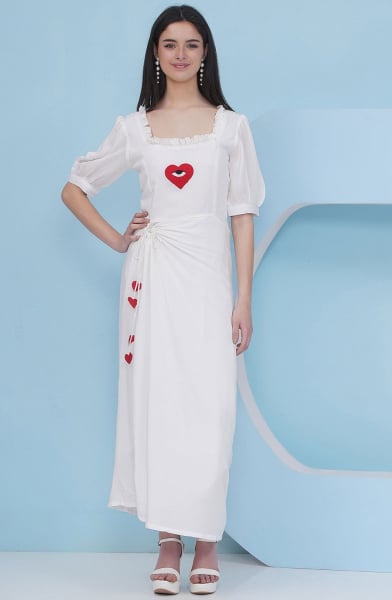 White Embroidered Rayon Crepe Midi
