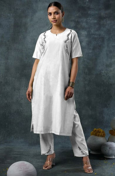 White Embroidered Rayon Kurta with Bottom