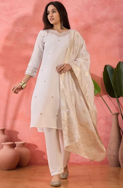 White Embroidered Roman Silk Readymade Suit