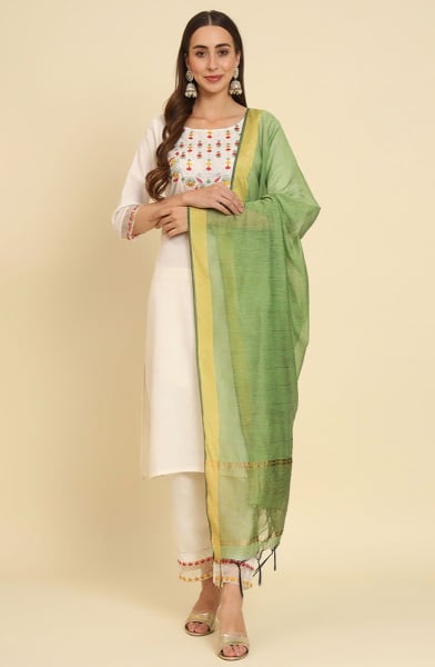 White Embroidered Silk Blend Readymade Suit