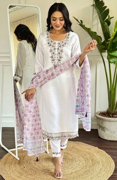 White Embroidered Viscose Chanderi Readymade Suit