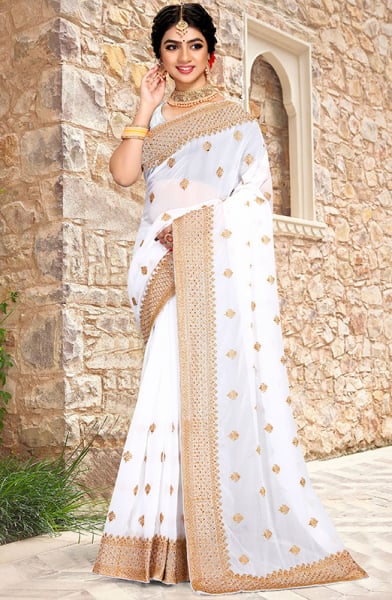 White Georgette Embroidered Saree