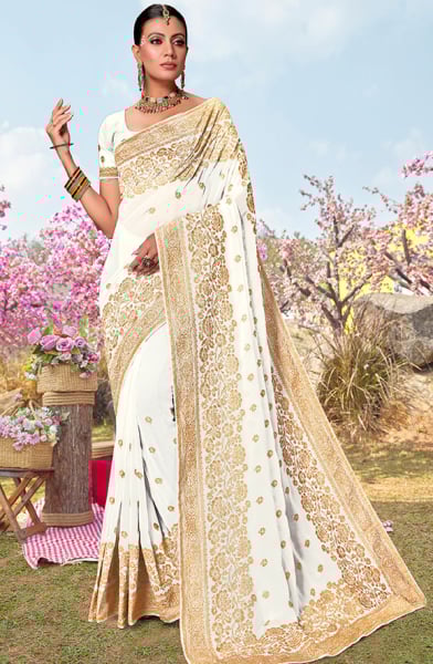 White Georgette Embroidered Saree
