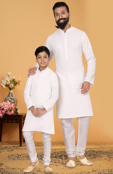 White Georgette Father Son Kurta Set Combo