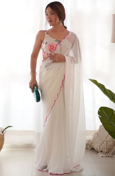 White Georgette Saree with Embroidered Blouse