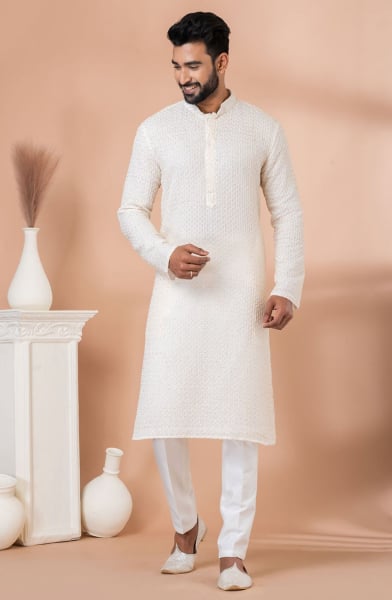 White Georgette Sequins Embroidered Kurta Set
