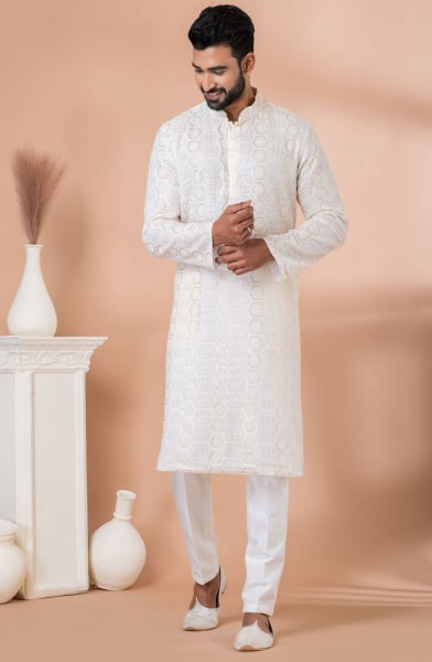 White Georgette Sequins Embroidered Kurta Set
