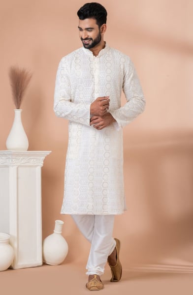 White Georgette Sequins Embroidered Kurta Set