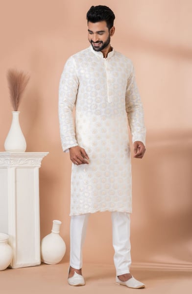 White Georgette Sequins Embroidered Kurta Set