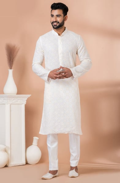 White Georgette Sequins Embroidered Kurta Set