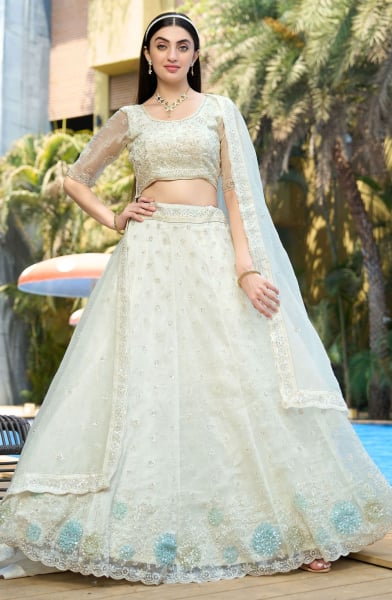 White Heavy Resham Embroidered Lehenga Choli Set