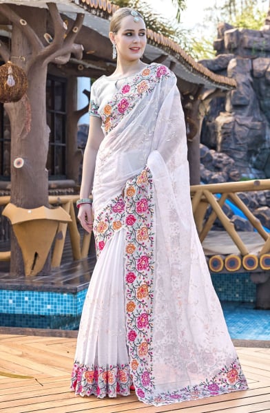 White Heavy Resham Embroidered Party Wear Saree