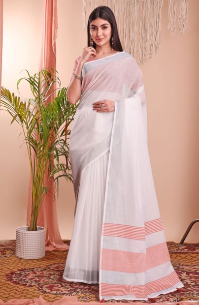 White Linen Cotton Party Wear Saree