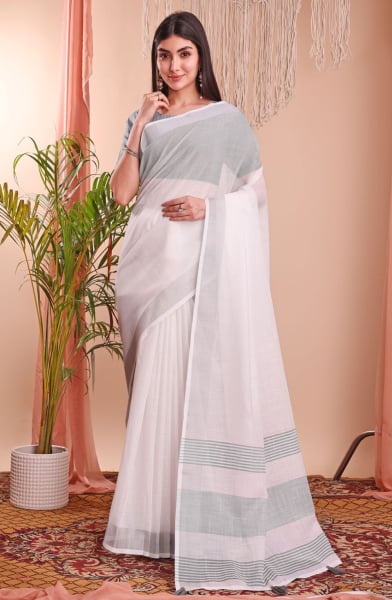 White Linen Cotton Party Wear Saree