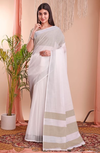 White Linen Cotton Party Wear Saree