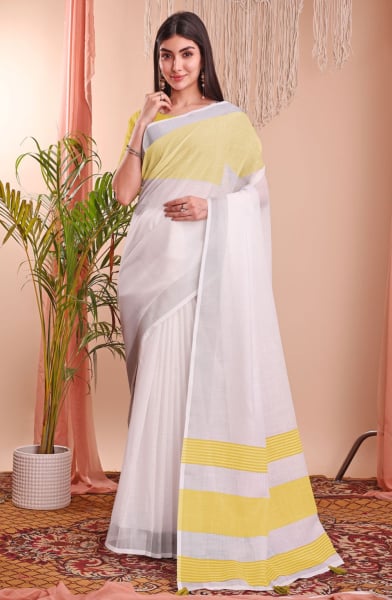 White Linen Cotton Party Wear Saree