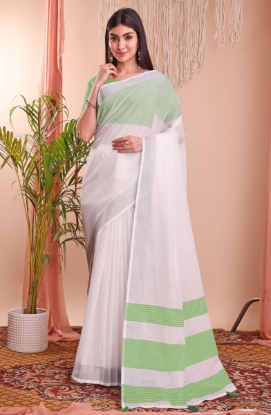 White Linen Cotton Party Wear Saree