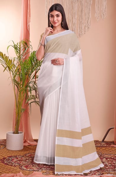 White Linen Cotton Party Wear Saree