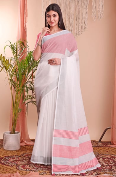 White Linen Cotton Party Wear Saree