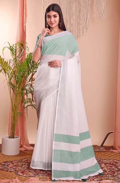 White Linen Cotton Party Wear Saree