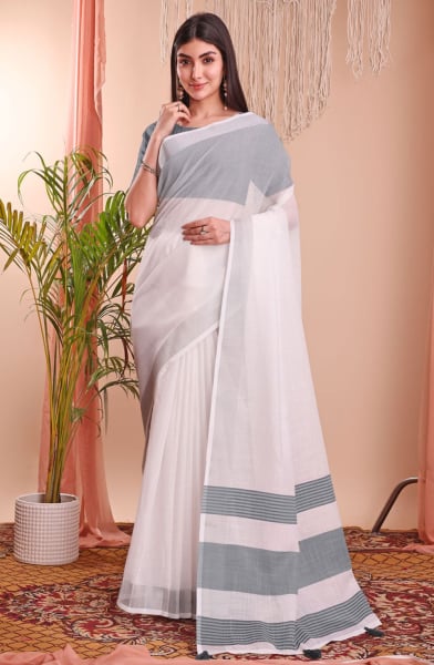 White Linen Cotton Party Wear Saree