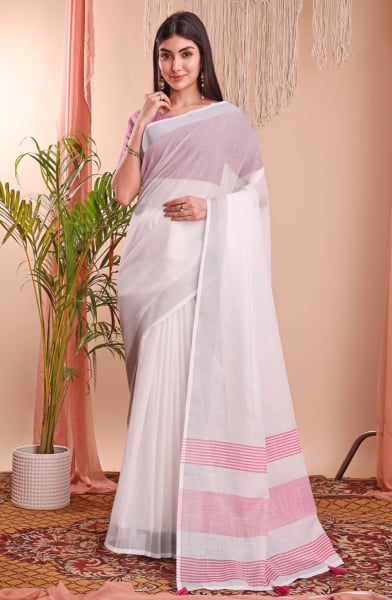 White Linen Cotton Party Wear Saree