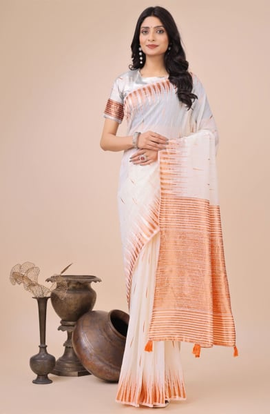 White Linen Cotton Printed Saree