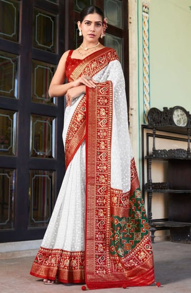 White Lucknowi Viscose Georgette Saree with Foil Print