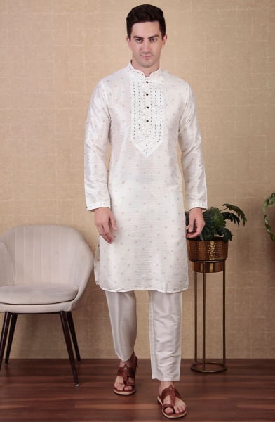 White Mirror Work Jacquard Silk Kurta Set