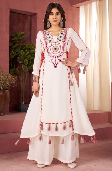 White Mirror Work Rayon Kurta with Palazzo