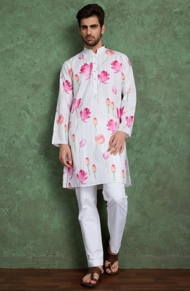 White Printed Rayon Kurta Set