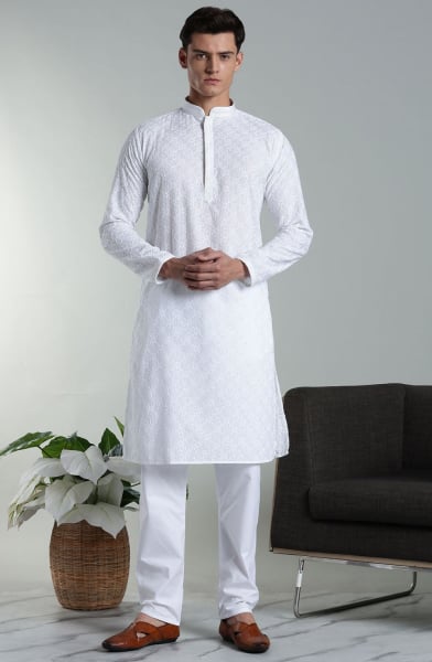 White Rayon Cotton Chikan Embroidered Kurta Pyjama Set