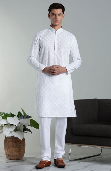 White Rayon Cotton Chikan Embroidered Kurta Pyjama Set