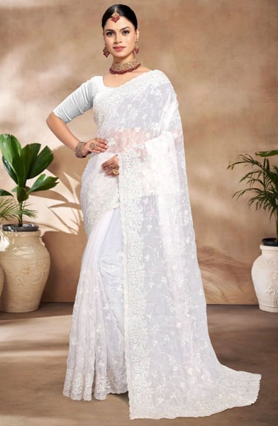 White Resham and Sequins Embroidered Party Wear Saree