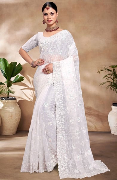 White Resham and Sequins Embroidered Party Wear Saree