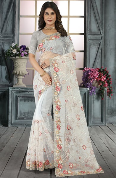 White Resham Embroidered Net Saree