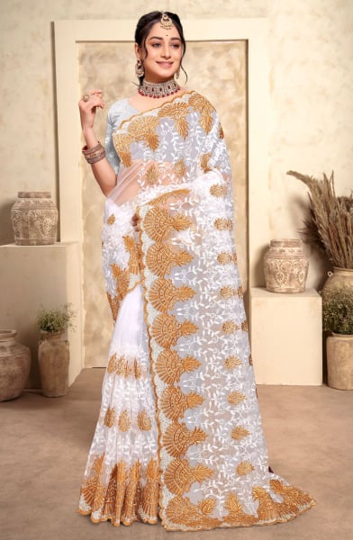 White Resham Embroidered Net Saree