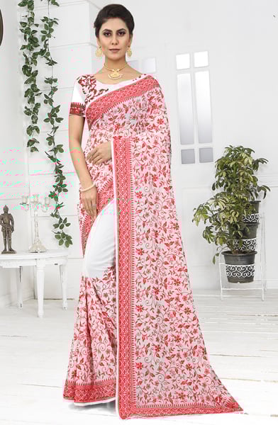 White Resham Embroidrered Georgette Saree