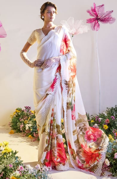 White Satin Digital Print Saree