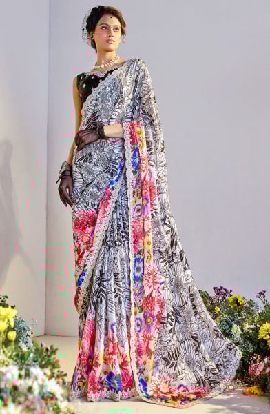 White Satin Digital Print Saree