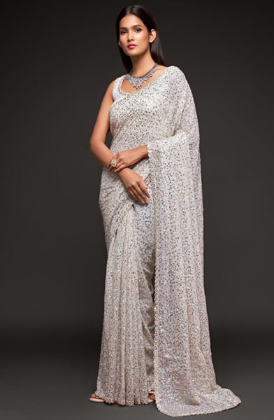White Sequined Georgette Designer Saree for Party